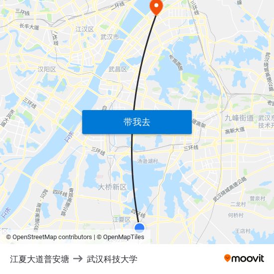 江夏大道普安塘 to 武汉科技大学 map