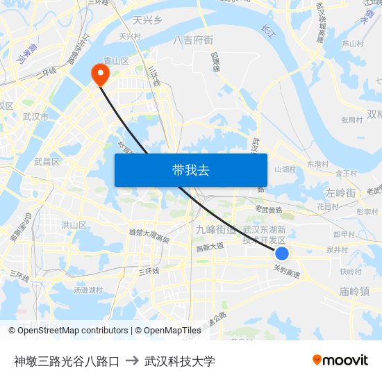 神墩三路光谷八路口 to 武汉科技大学 map