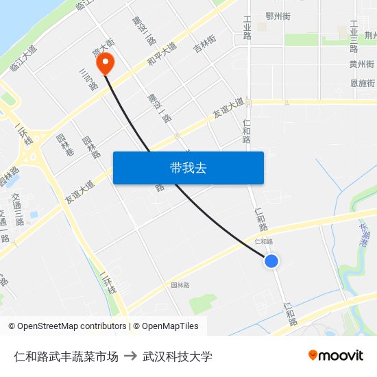 仁和路武丰蔬菜市场 to 武汉科技大学 map