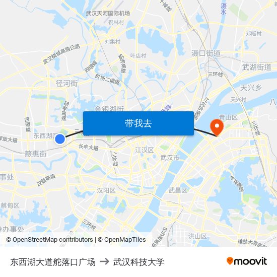 东西湖大道舵落口广场 to 武汉科技大学 map