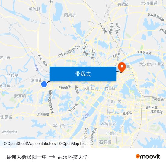 蔡甸大街汉阳一中 to 武汉科技大学 map
