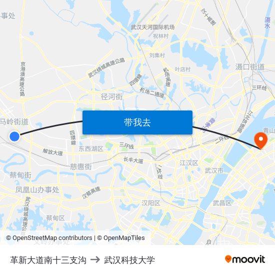 革新大道南十三支沟 to 武汉科技大学 map