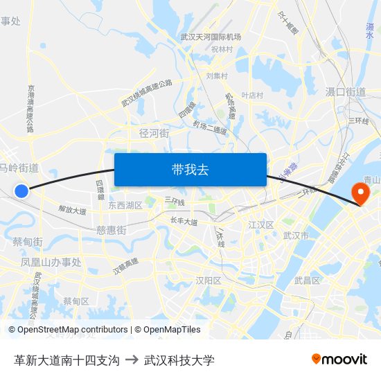 革新大道南十四支沟 to 武汉科技大学 map