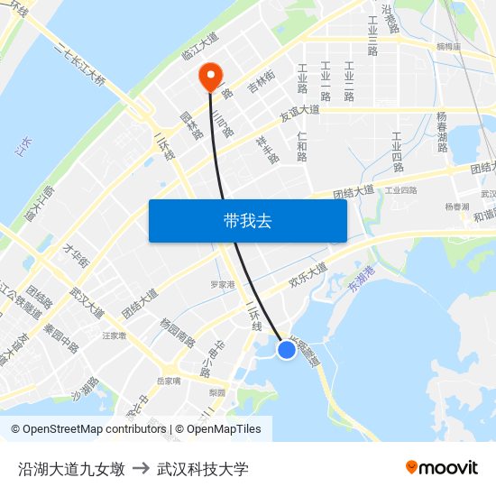 沿湖大道九女墩 to 武汉科技大学 map