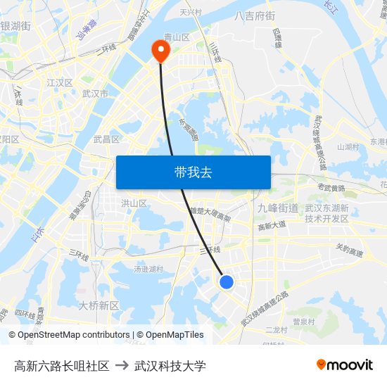 高新六路长咀社区 to 武汉科技大学 map