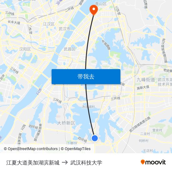 江夏大道美加湖滨新城 to 武汉科技大学 map