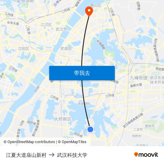 江夏大道庙山新村 to 武汉科技大学 map