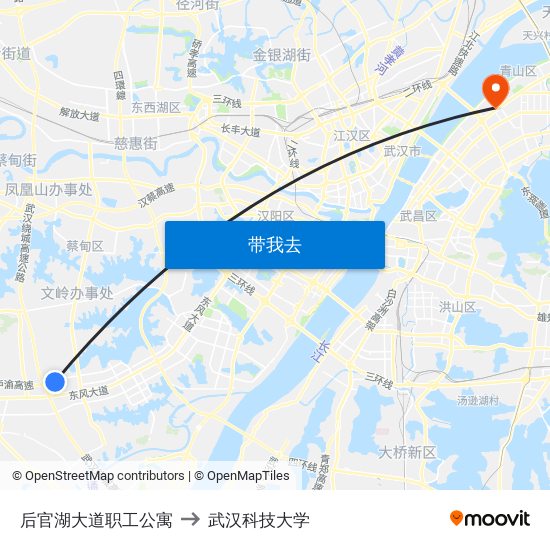 后官湖大道职工公寓 to 武汉科技大学 map