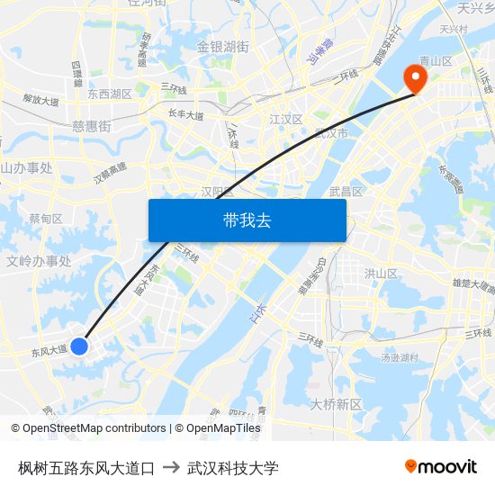 枫树五路东风大道口 to 武汉科技大学 map