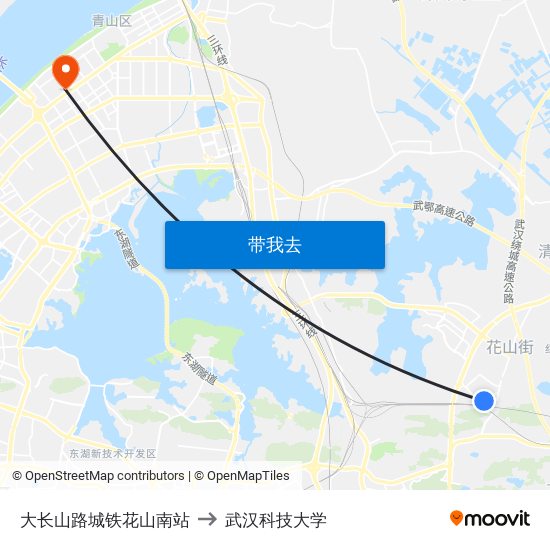 大长山路城铁花山南站 to 武汉科技大学 map