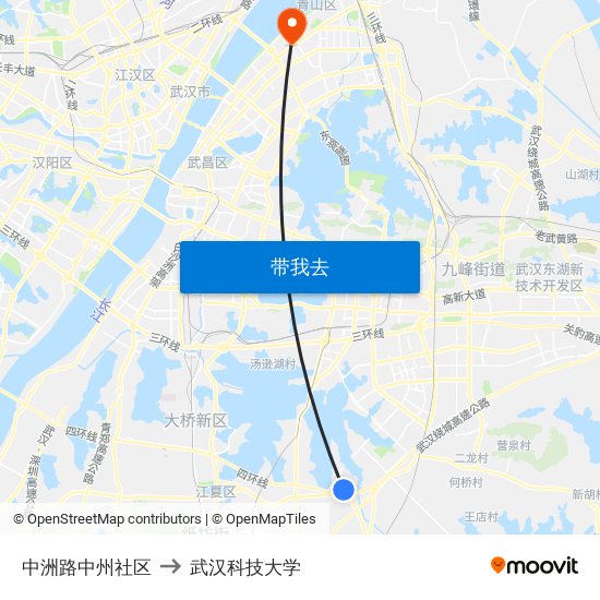 中洲路中州社区 to 武汉科技大学 map