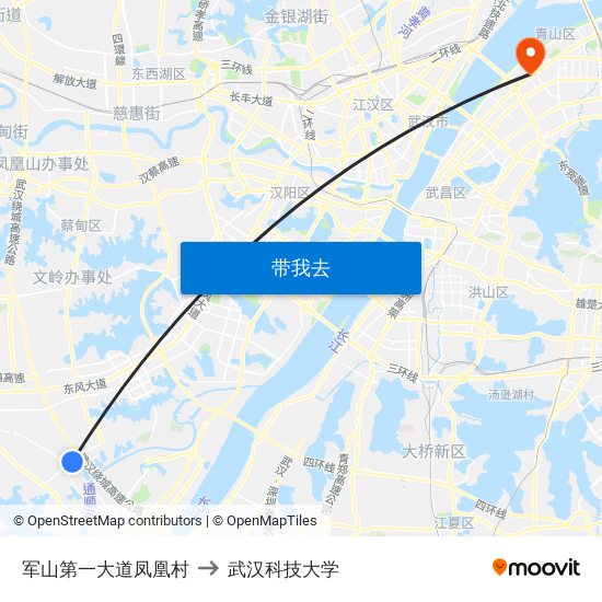 军山第一大道凤凰村 to 武汉科技大学 map