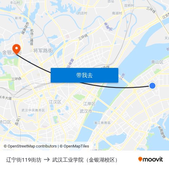 辽宁街119街坊 to 武汉工业学院（金银湖校区） map