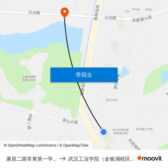康居二路常青第一学校 to 武汉工业学院（金银湖校区） map