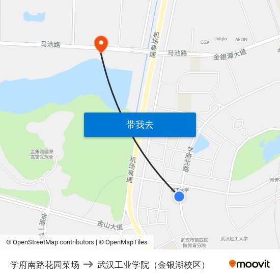 学府南路花园菜场 to 武汉工业学院（金银湖校区） map