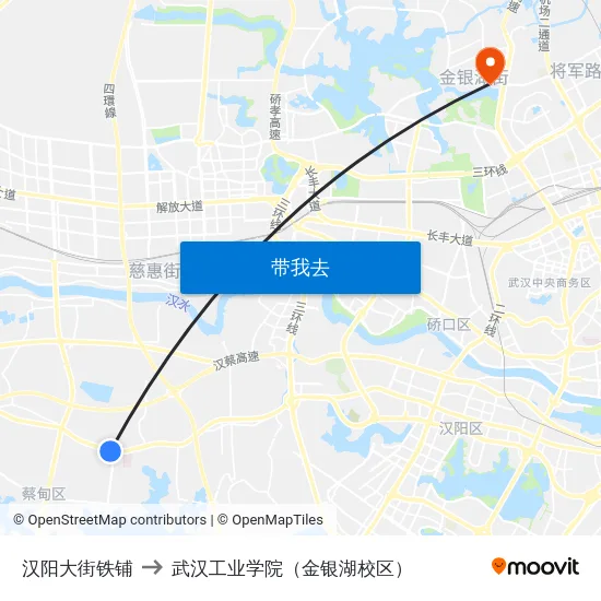 汉阳大街铁铺 to 武汉工业学院（金银湖校区） map