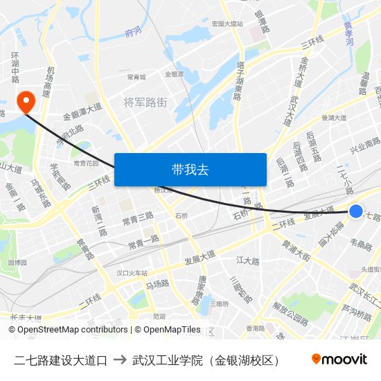 二七路建设大道口 to 武汉工业学院（金银湖校区） map