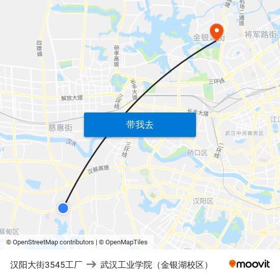 汉阳大街3545工厂 to 武汉工业学院（金银湖校区） map