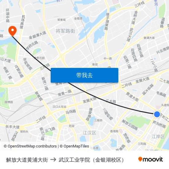 解放大道黄浦大街 to 武汉工业学院（金银湖校区） map