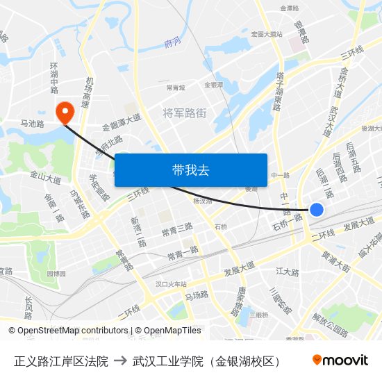 正义路江岸区法院 to 武汉工业学院（金银湖校区） map