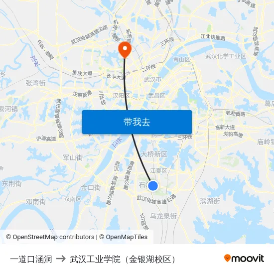 一道口涵洞 to 武汉工业学院（金银湖校区） map