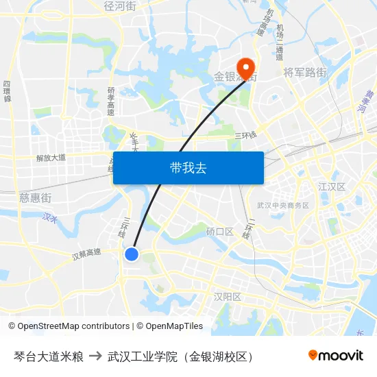 琴台大道米粮 to 武汉工业学院（金银湖校区） map