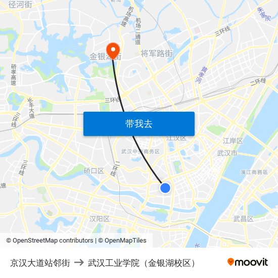 京汉大道站邻街 to 武汉工业学院（金银湖校区） map