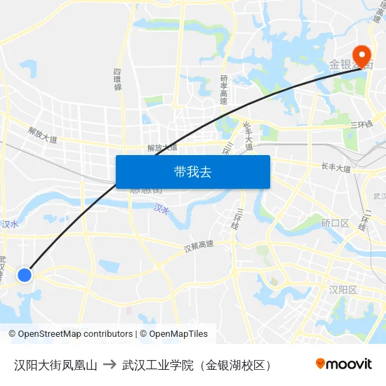 汉阳大街凤凰山 to 武汉工业学院（金银湖校区） map