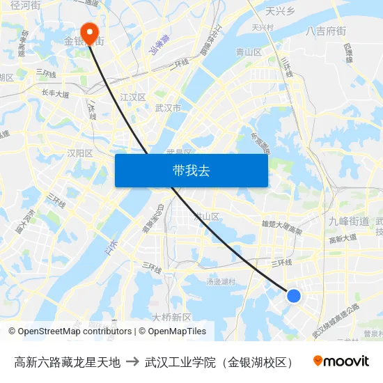 高新六路藏龙星天地 to 武汉工业学院（金银湖校区） map