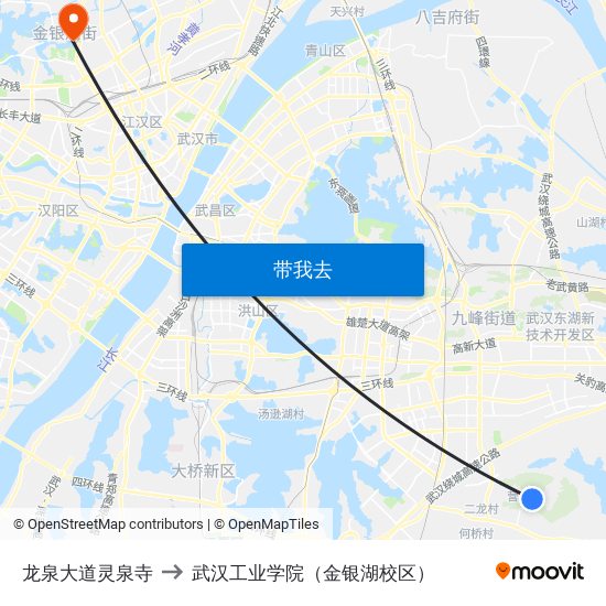 龙泉大道灵泉寺 to 武汉工业学院（金银湖校区） map