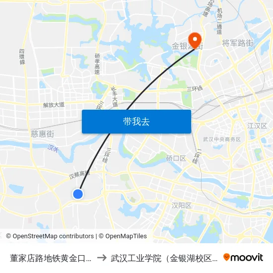 董家店路地铁黄金口站 to 武汉工业学院（金银湖校区） map