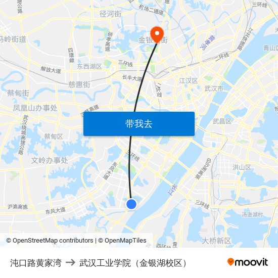 沌口路黄家湾 to 武汉工业学院（金银湖校区） map