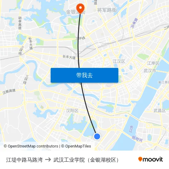江堤中路马路湾 to 武汉工业学院（金银湖校区） map
