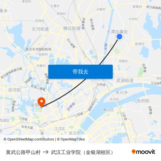 黄武公路甲山村 to 武汉工业学院（金银湖校区） map