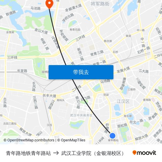 青年路地铁青年路站 to 武汉工业学院（金银湖校区） map