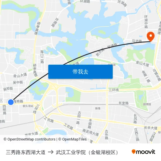 三秀路东西湖大道 to 武汉工业学院（金银湖校区） map
