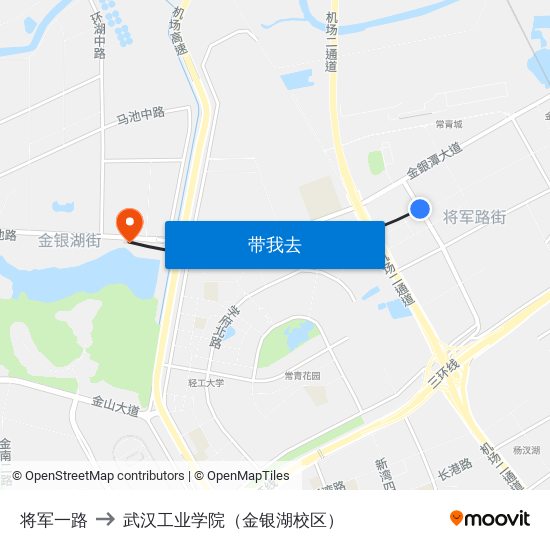 将军一路 to 武汉工业学院（金银湖校区） map