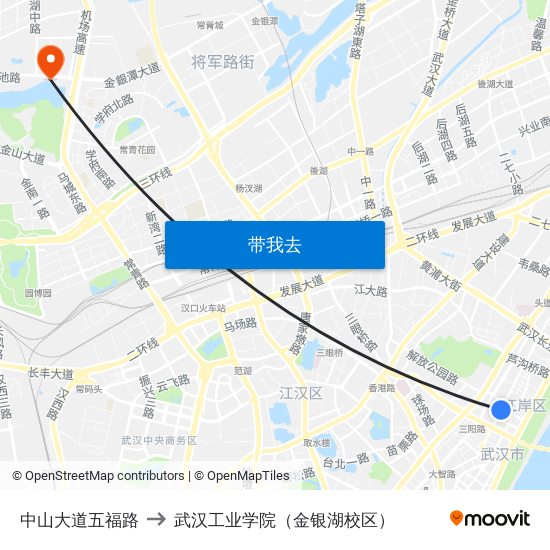 中山大道五福路 to 武汉工业学院（金银湖校区） map