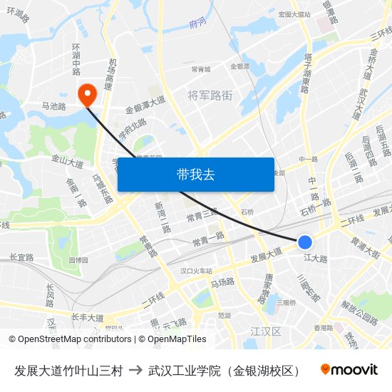 发展大道竹叶山三村 to 武汉工业学院（金银湖校区） map