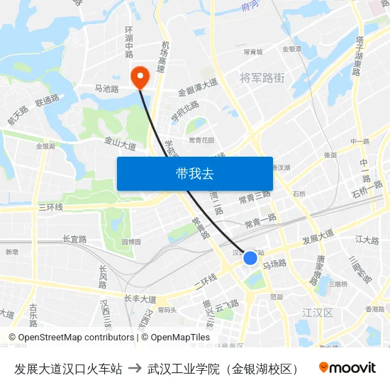 发展大道汉口火车站 to 武汉工业学院（金银湖校区） map