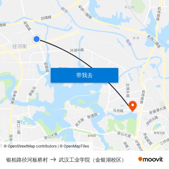 银柏路径河板桥村 to 武汉工业学院（金银湖校区） map