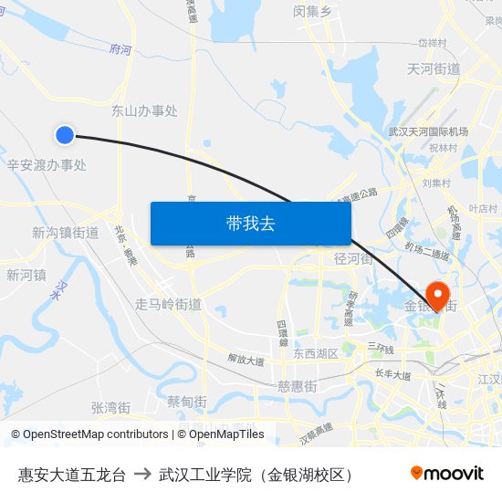 惠安大道五龙台 to 武汉工业学院（金银湖校区） map