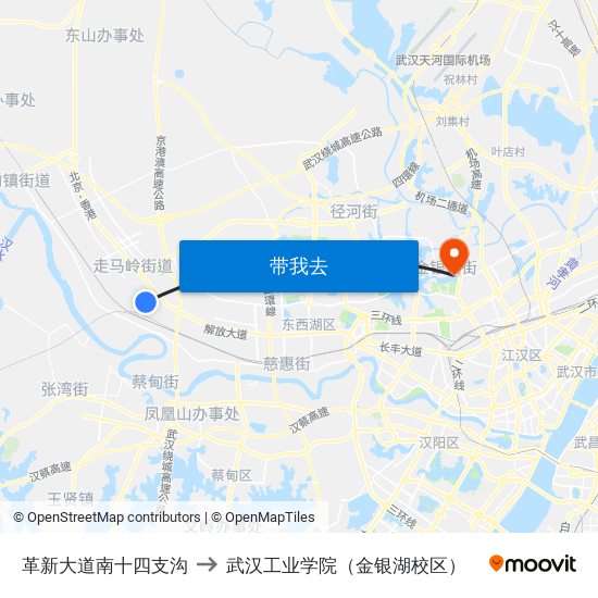 革新大道南十四支沟 to 武汉工业学院（金银湖校区） map