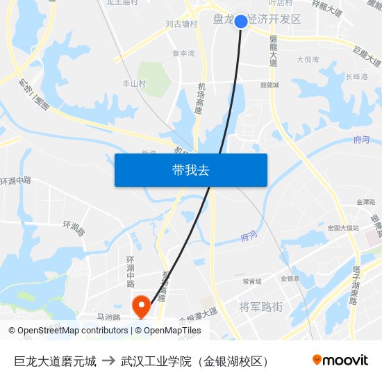 巨龙大道磨元城 to 武汉工业学院（金银湖校区） map