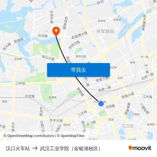 汉口火车站 to 武汉工业学院（金银湖校区） map