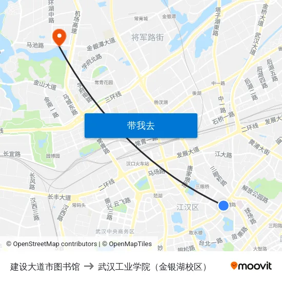 建设大道市图书馆 to 武汉工业学院（金银湖校区） map