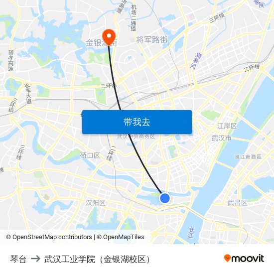 琴台 to 武汉工业学院（金银湖校区） map