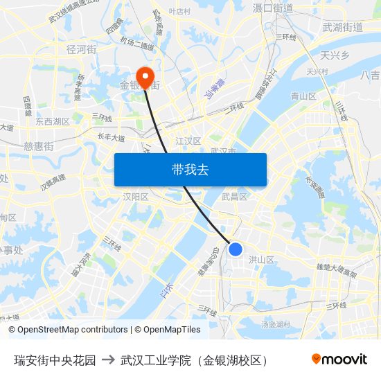 瑞安街中央花园 to 武汉工业学院（金银湖校区） map