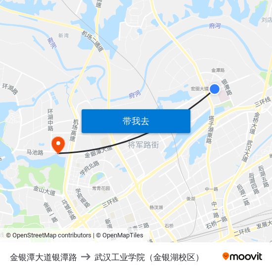 金银潭大道银潭路 to 武汉工业学院（金银湖校区） map