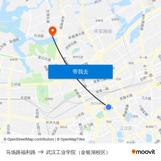 马场路福利路 to 武汉工业学院（金银湖校区） map